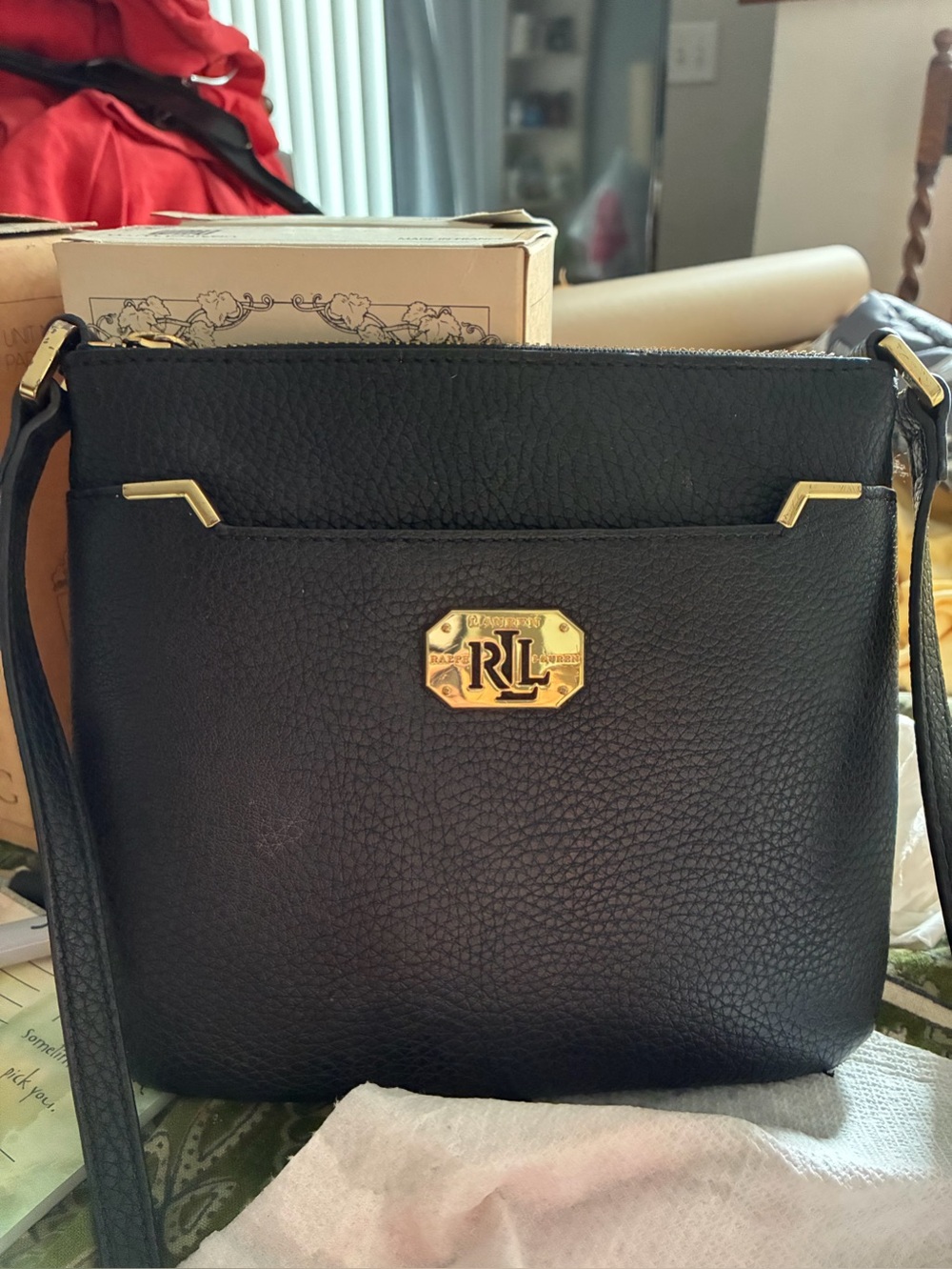 Ralph Lauren Black Faux Pebble Leather Crossbody. Gold Hardware 52”Adjust Strap